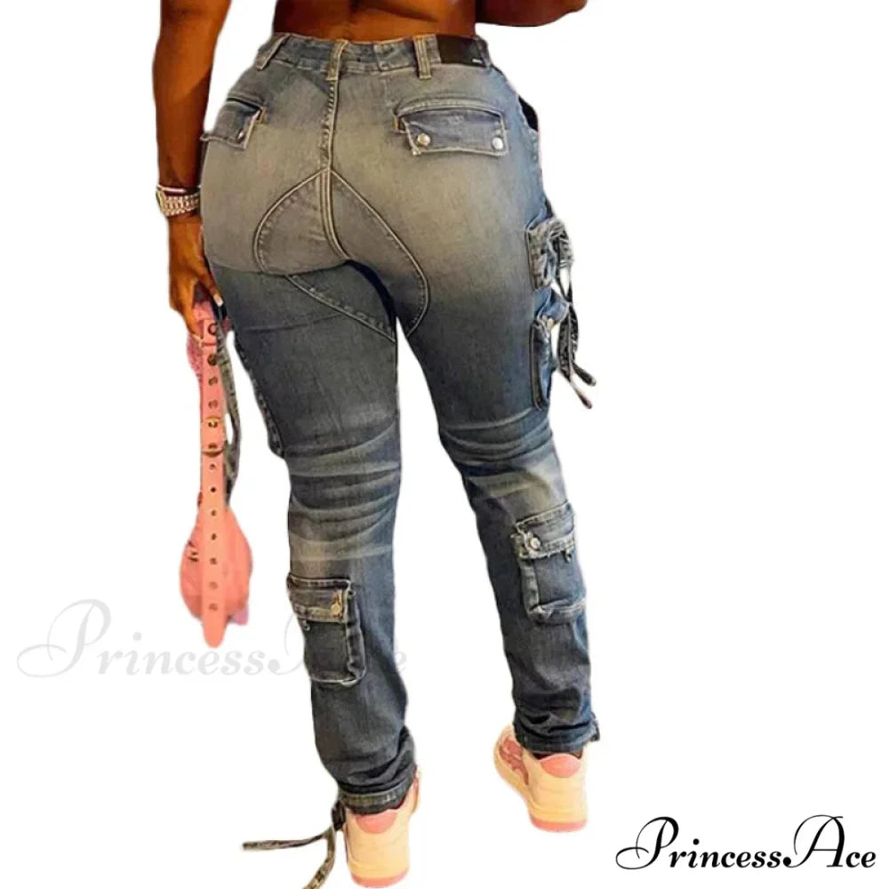 Women Long Cargo Pant Slim Fit Regular Y2K Casual Slim Fit Low Waist Splice Denim Trousers Zipper Summer Jeans