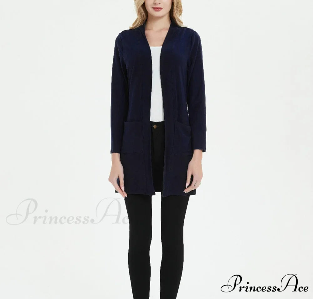 Women Long Sleeve Elegant Pocket Knitted Outerwear Sweater