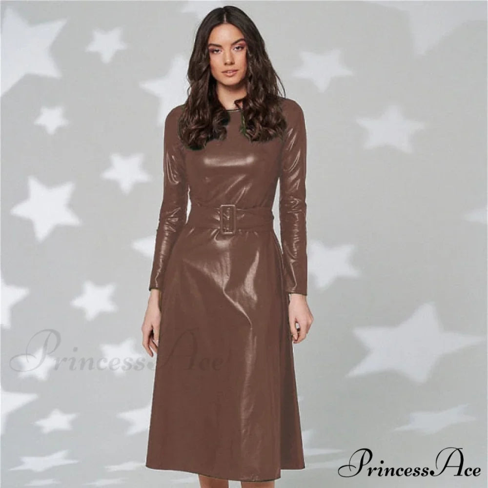Women Long Sleeve Slim Fit PU Dress