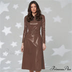 Women Long Sleeve Slim Fit PU Dress