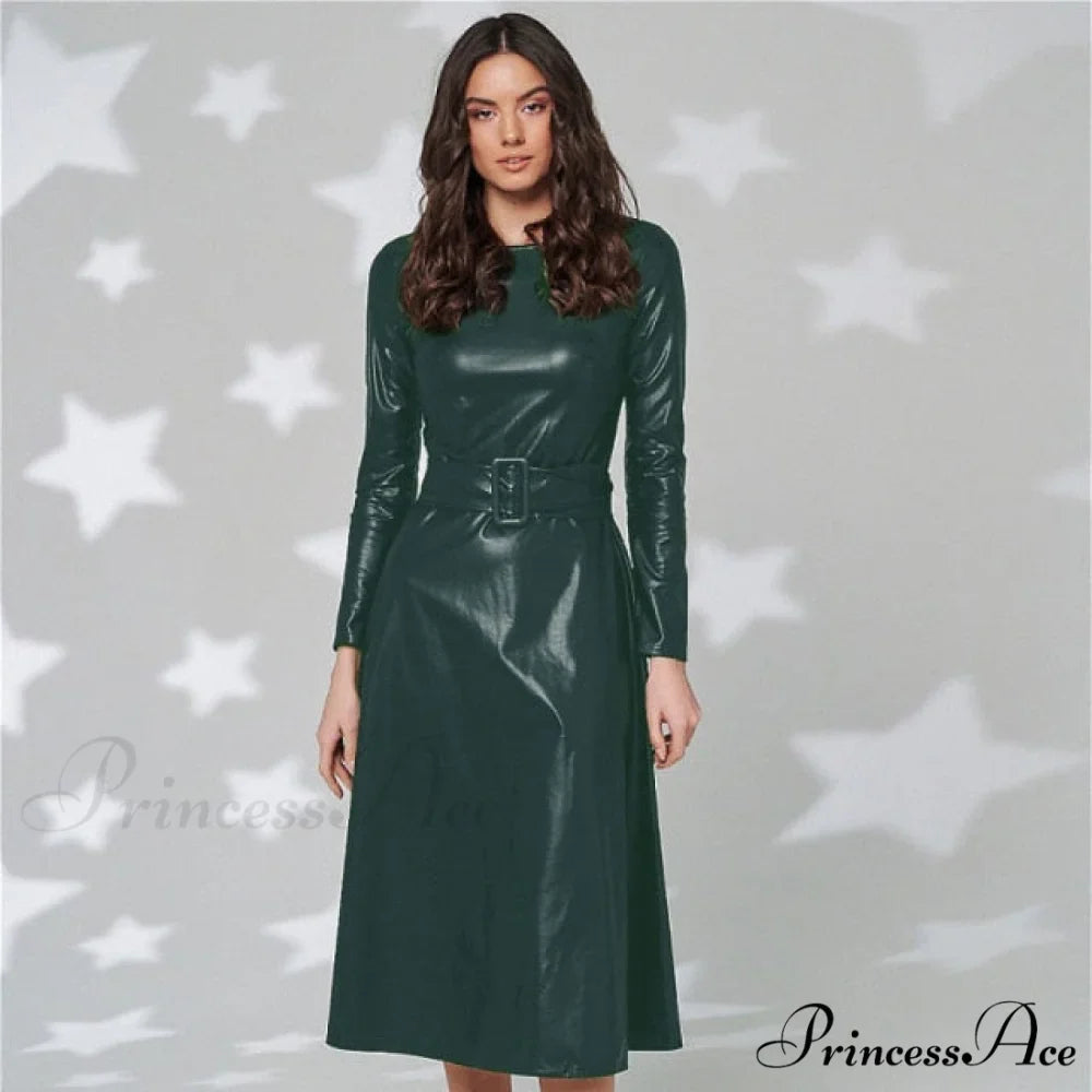Women Long Sleeve Slim Fit PU Dress