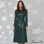 Women Long Sleeve Slim Fit PU Dress