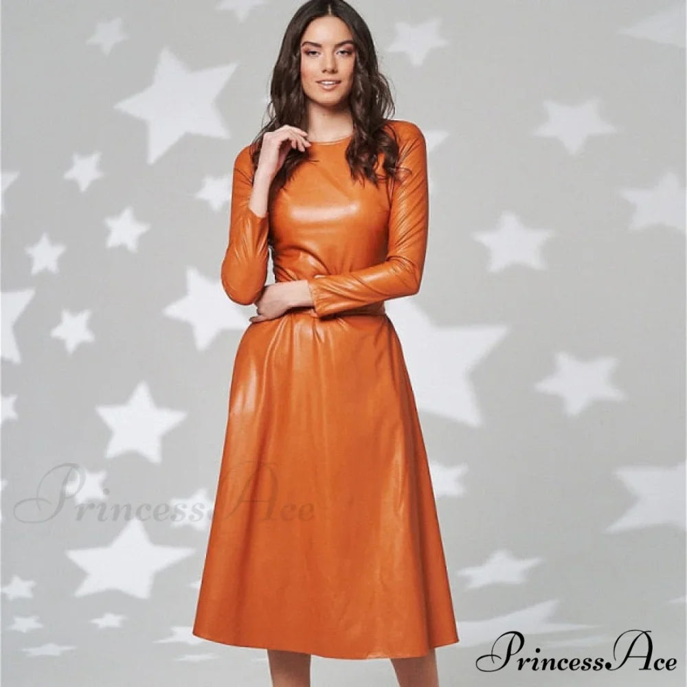 Women Long Sleeve Slim Fit PU Dress