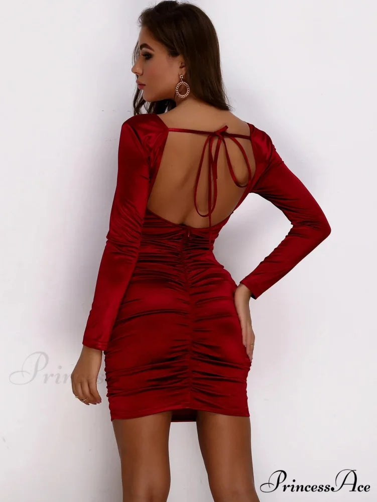 Women Long Sleeve Square Neck Bodycon Mini Dress