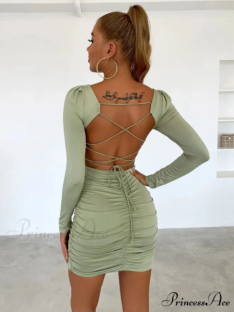 Women Long Sleeve Square Neck Bodycon Mini Dress