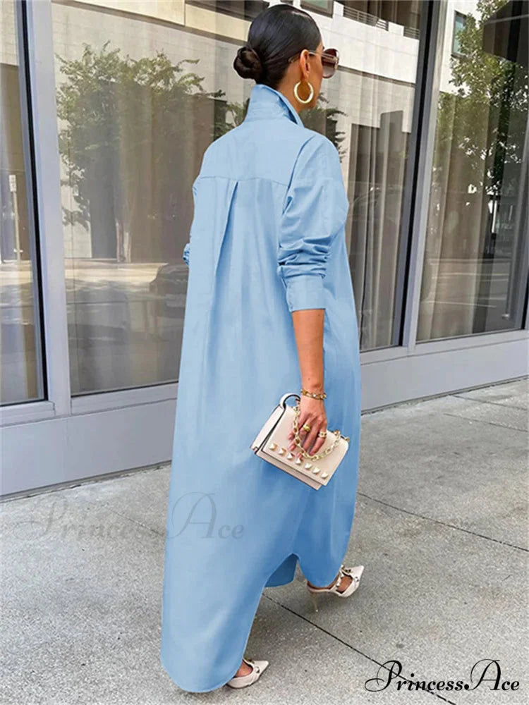 Women Loose Casual Kaftan Shirts Solid Sleeve Lapel Single-breasted Female Vestidos