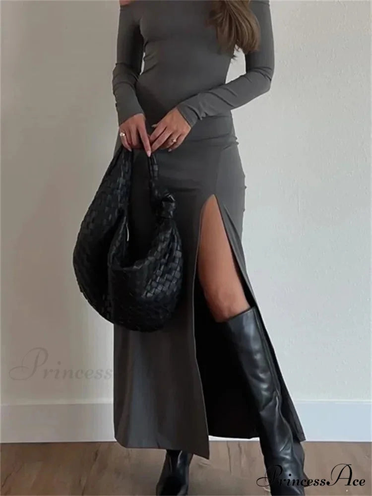 Women Off-Shoulder Solid Color Sleeve Side High Split Slim Fit Party Spring Fall Vestidos