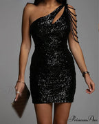 Women One Shoulder Cutout Shiny Sequin Party Dress