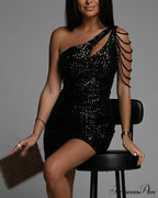 Women One Shoulder Cutout Shiny Sequin Party Dress