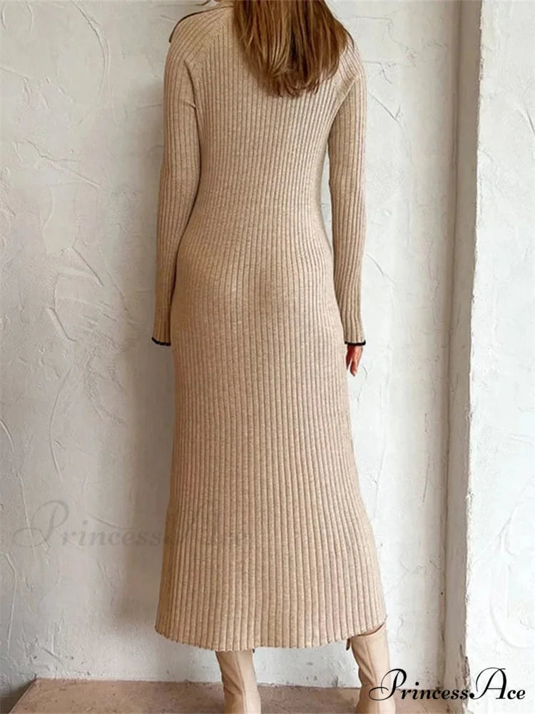 Women Ribbed Knitted Flare Sleeve Lapel Solid Color Party Going Out Female Vestidos Streetwear