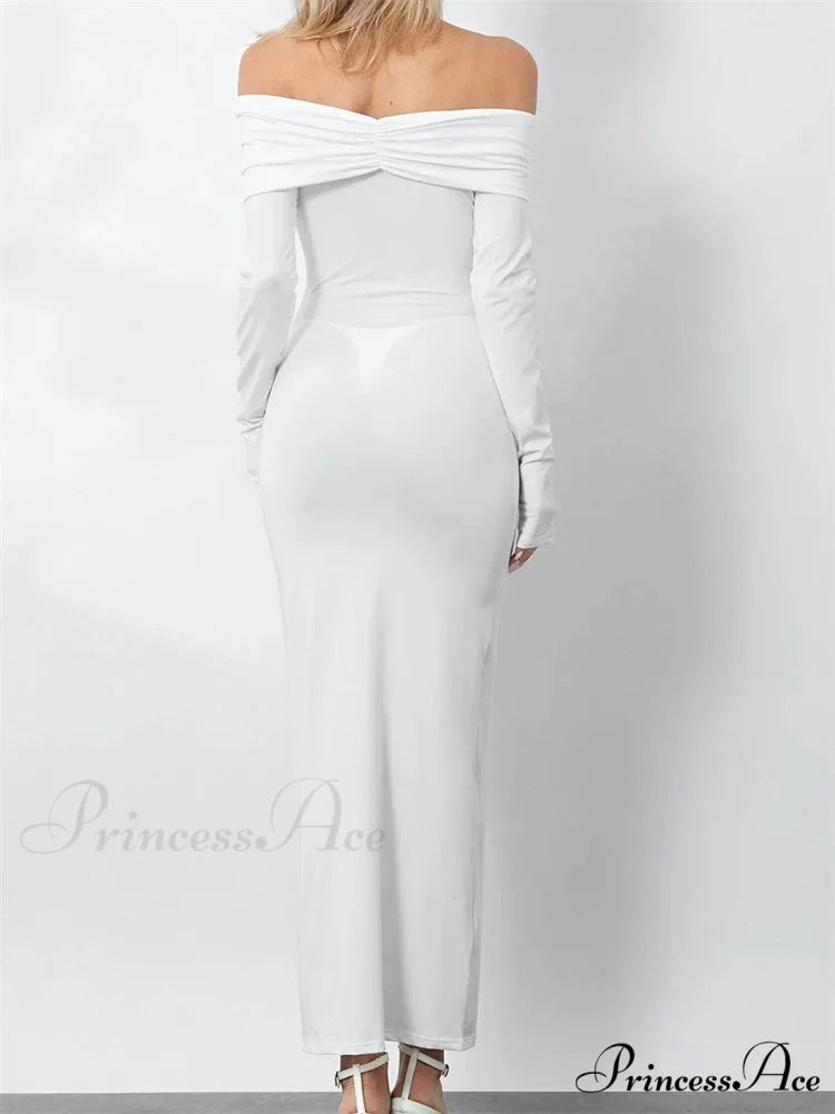 Women Ruched Slash Neck Off-shoulder Sleeve Solid Slim Fit Bodycon Cocktail Party Vestidos