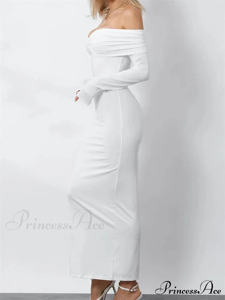 Women Ruched Slash Neck Off-shoulder Sleeve Solid Slim Fit Bodycon Cocktail Party Vestidos