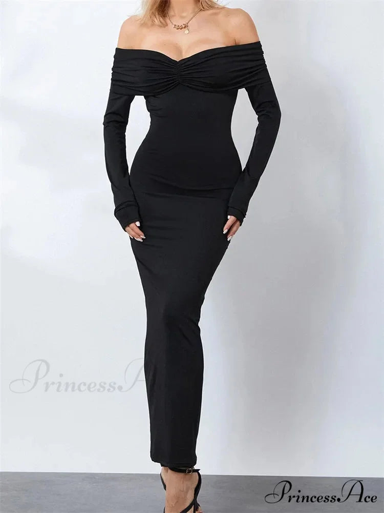Women Ruched Slash Neck Off-shoulder Sleeve Solid Slim Fit Bodycon Cocktail Party Vestidos