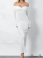 Women Ruched Slash Neck Off-shoulder Sleeve Solid Slim Fit Bodycon Cocktail Party Vestidos