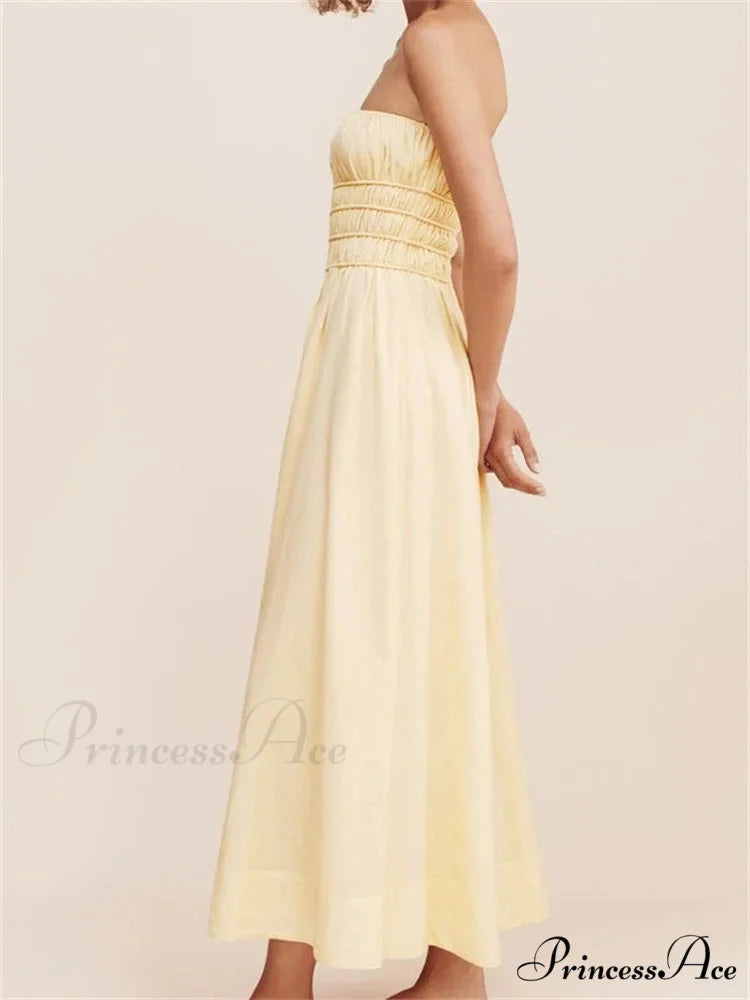 Women Ruched Strapless Tube Solid Summer Backless Party A-Line for Cocktail Streetwear Aesthetic Vestidos