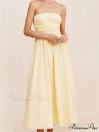 Women Ruched Strapless Tube Solid Summer Backless Party A-Line for Cocktail Streetwear Aesthetic Vestidos