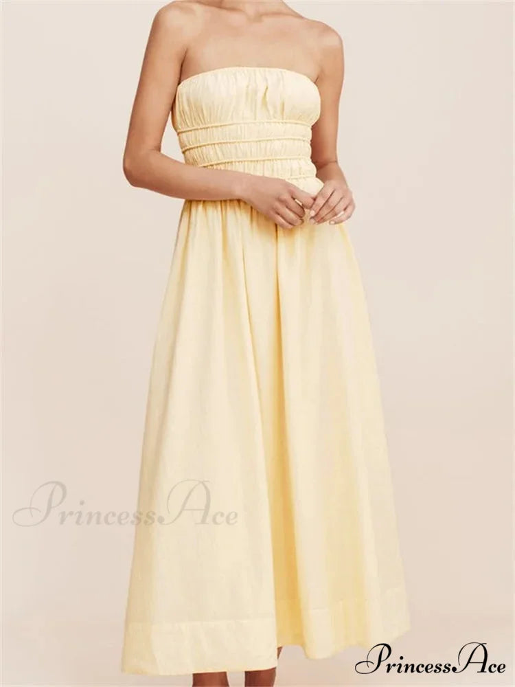 Women Ruched Strapless Tube Solid Summer Backless Party A-Line for Cocktail Streetwear Aesthetic Vestidos