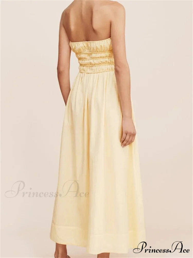 Women Ruched Strapless Tube Solid Summer Backless Party A-Line for Cocktail Streetwear Aesthetic Vestidos