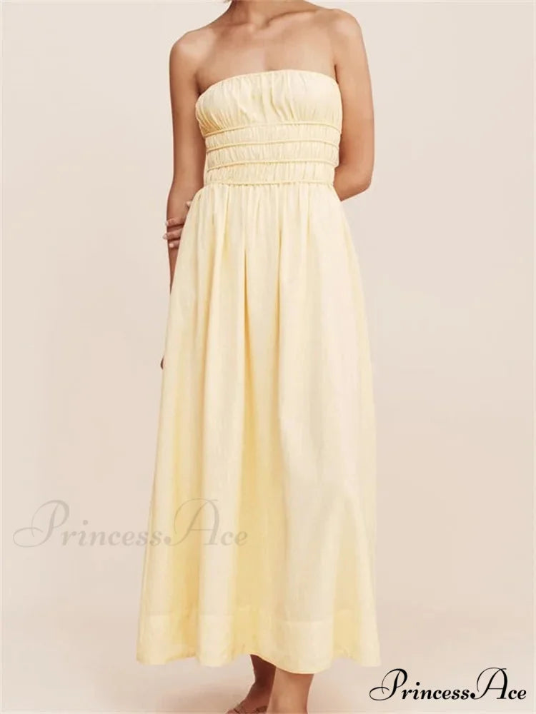 Women Ruched Strapless Tube Solid Summer Backless Party A-Line for Cocktail Streetwear Aesthetic Vestidos