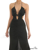 Women Ruffle Halter Lace-up Y2K Sleeveless Off Shoulder Backless Tassels Ruched Front Split Vestidos