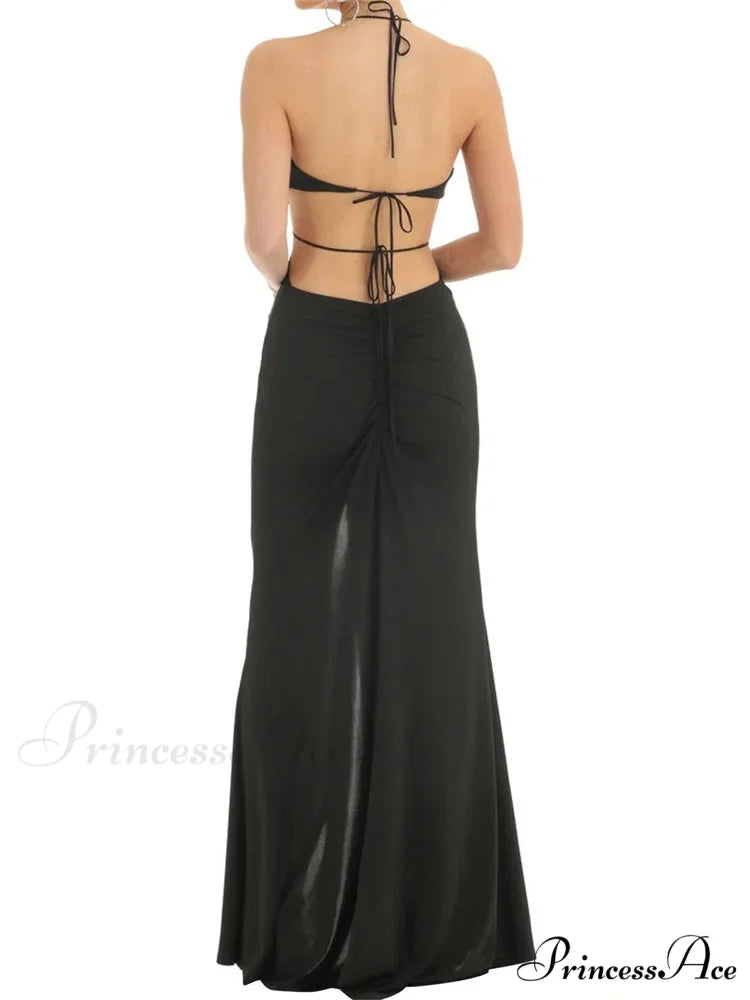 Women Ruffle Halter Lace-up Y2K Sleeveless Off Shoulder Backless Tassels Ruched Front Split Vestidos