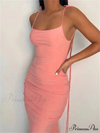 Women Sexy Backless Ruched Adjustable Lace-up Strap Slim Elegant Solid Party Female Vestido Clubwear