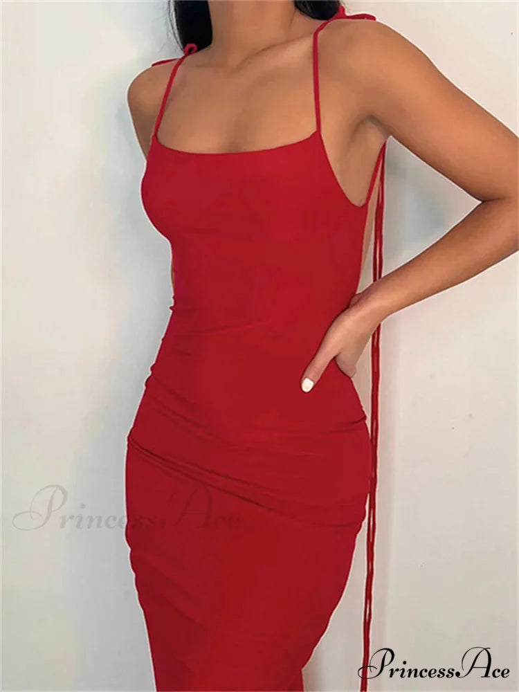 Women Sexy Backless Ruched Adjustable Lace-up Strap Slim Elegant Solid Party Female Vestido Clubwear