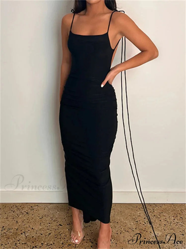 Women Sexy Backless Ruched Adjustable Lace-up Strap Slim Elegant Solid Party Female Vestido Clubwear