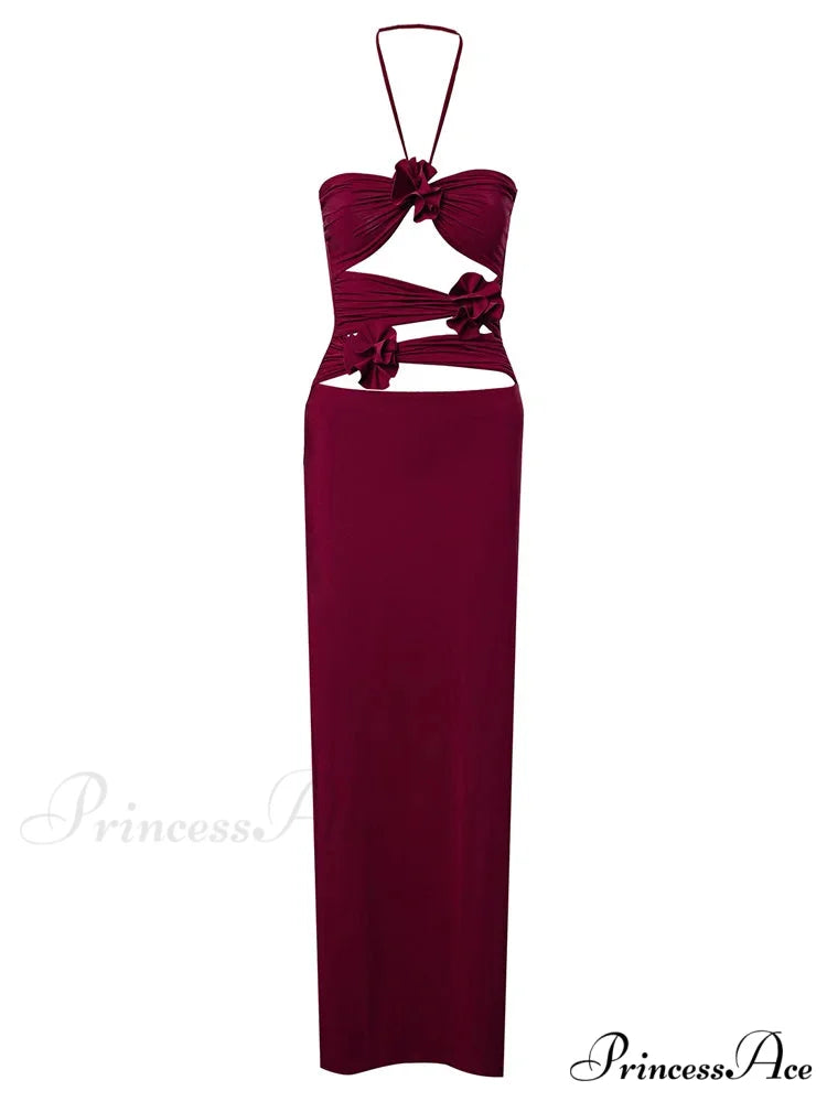 Women Sexy Halter Hollow Out Y2K Off Shoulder Backless Slim 3D Flowers Vestidos Night Party Clubwear