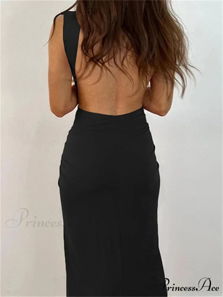 Women Sexy High Split Sleeveless Deep V-neck Backless Ruched Summer Elegant Party Clubwear Vestidos
