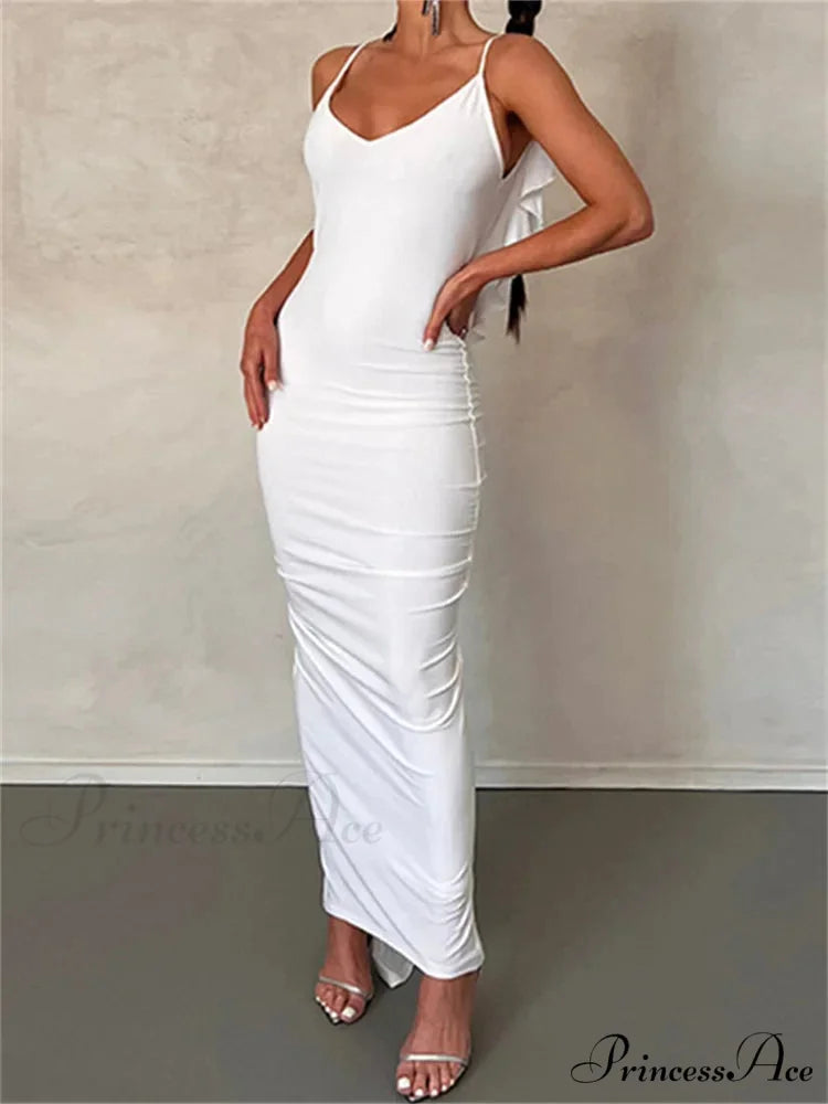 Women Sexy Spaghetti Strap Backless Bodycon V-neck Ruffles Ruched Party Evening Clubwear Vestidos