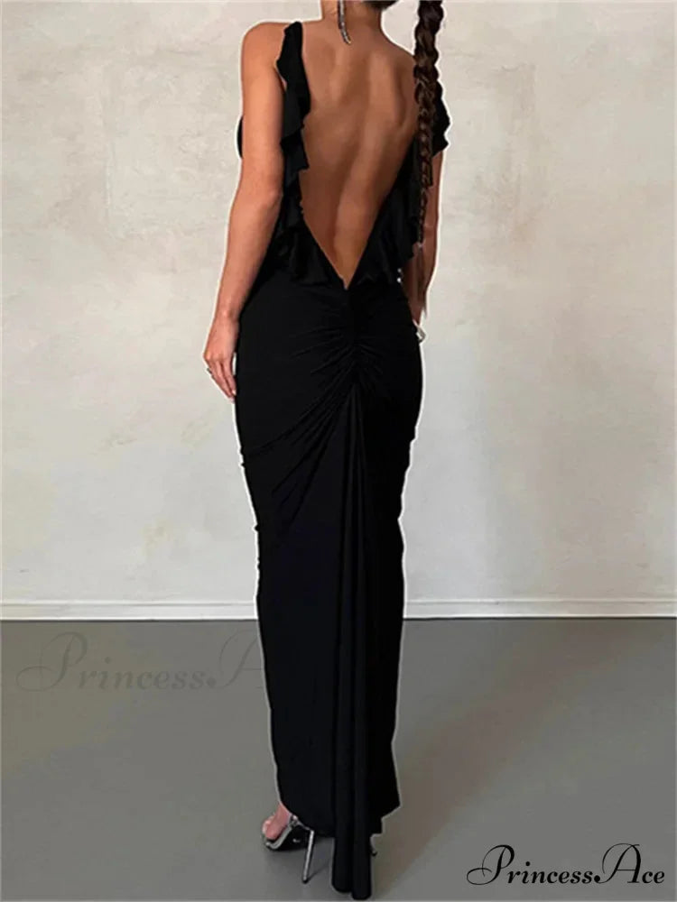 Women Sexy Spaghetti Strap Backless Bodycon V-neck Ruffles Ruched Party Evening Clubwear Vestidos