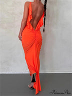 Women Sexy Spaghetti Strap Backless Bodycon V-neck Ruffles Ruched Party Evening Clubwear Vestidos