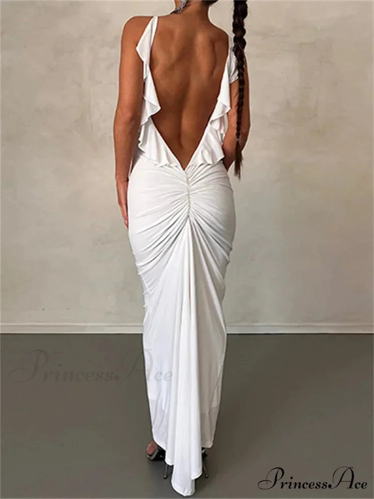 Women Sexy Spaghetti Strap Backless Bodycon V-neck Ruffles Ruched Party Evening Clubwear Vestidos