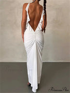 Women Sexy Spaghetti Strap Backless Bodycon V-neck Ruffles Ruched Party Evening Clubwear Vestidos