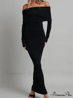 Women Slash Neck Off Shoulder Party Formal Spring Autumn Sleeve Slim Solid Female Vestidos