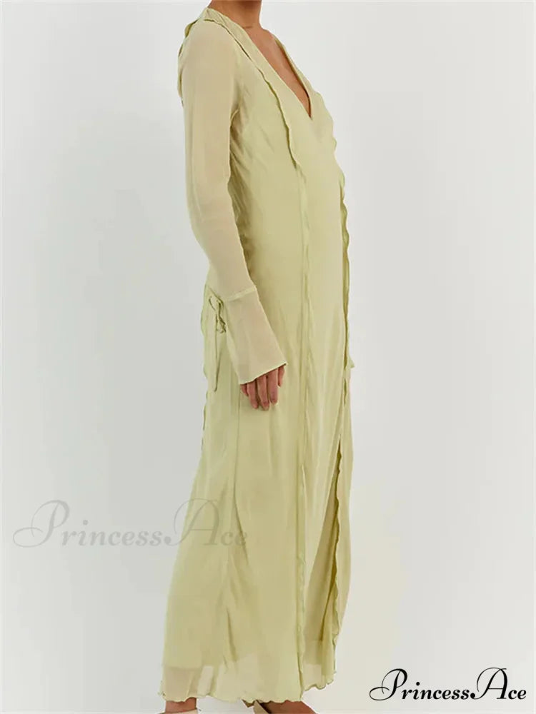 Women Sleeve Loose Casual V Neck Mesh See Through Party Beach Cocktail Club Vestidos Streetwear