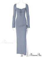 Women Sleeve Low-cut Tie-up Solid Color Slim Fit Cocktail Party High Split Female Vestidos