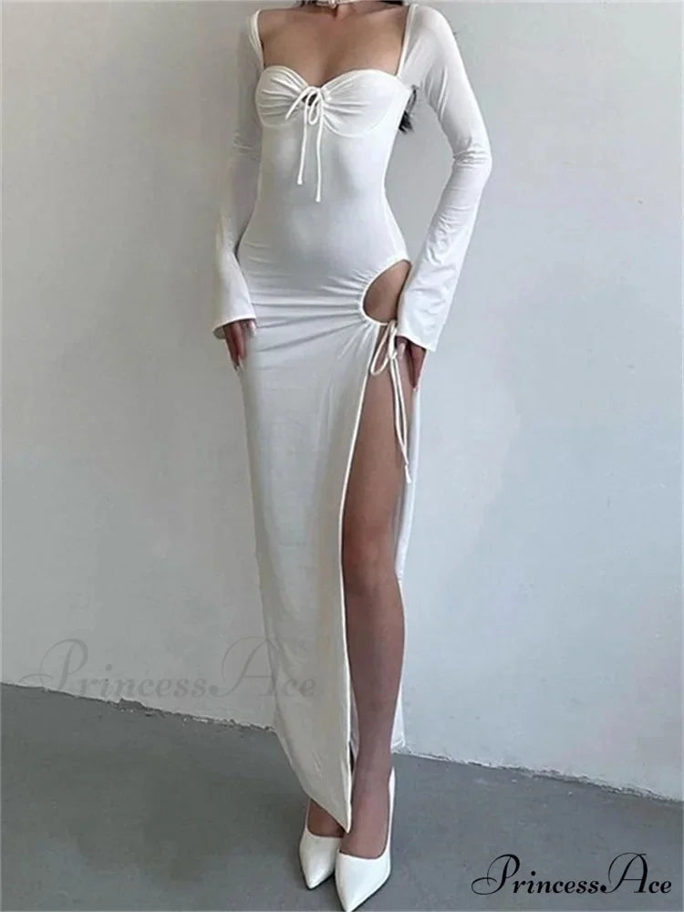 Women Sleeve Low-cut Tie-up Solid Color Slim Fit Cocktail Party High Split Female Vestidos