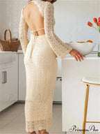 Women Sleeve Round Neck Backless Tie-up Hollow Out Cocktail Spring Autumn Female Vestidos