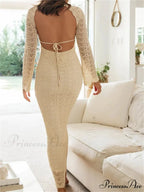 Women Sleeve Round Neck Backless Tie-up Hollow Out Cocktail Spring Autumn Female Vestidos