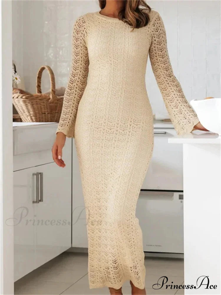 Women Sleeve Round Neck Backless Tie-up Hollow Out Cocktail Spring Autumn Female Vestidos