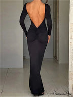 Women Sleeve Solid Color Round Neck Backless Ruched Spring Summer Party Female Vestidos