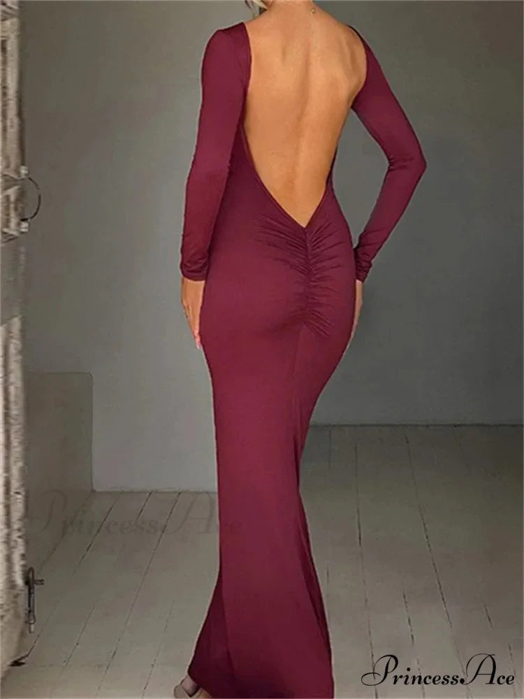 Women Sleeve Solid Color Round Neck Backless Ruched Spring Summer Party Female Vestidos