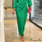 Women Sleeve V Neck Pleated Beach Party Maxi Dress