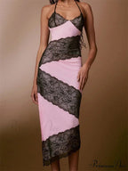 Women Sleeveless Halter Tie-up Backless Lace Patchwork Slim Asymmetrical Hem Cocktail Vestidos