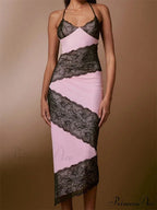 Women Sleeveless Halter Tie-up Backless Lace Patchwork Slim Asymmetrical Hem Cocktail Vestidos