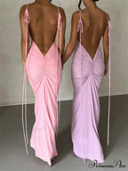 Women Sleeveless Lace-up Strap Sling Summer Backless Ruched Party V-neck Slim Fit Sexy Vestidos