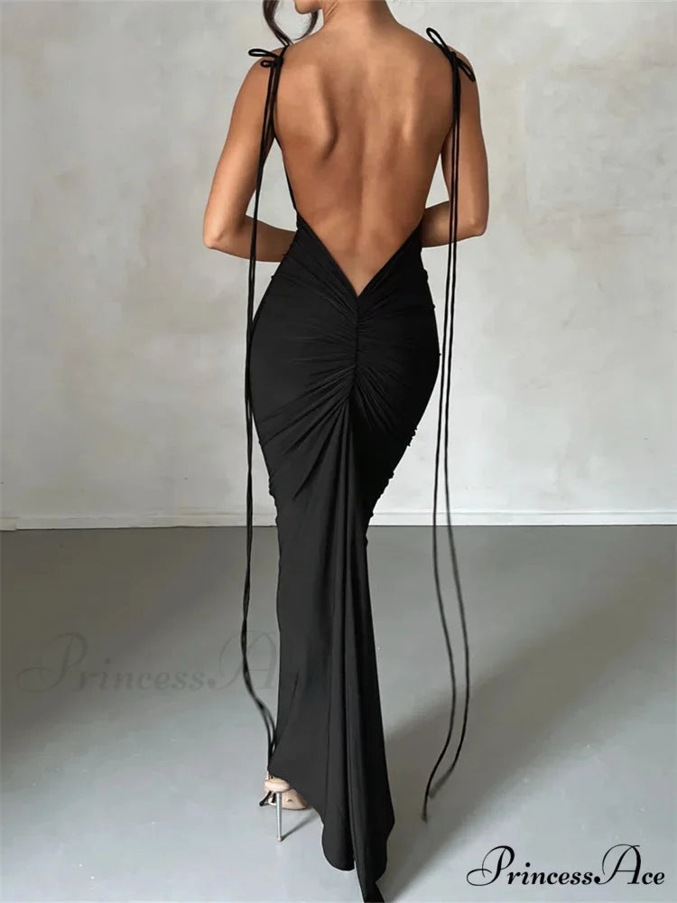 Women Sleeveless Lace-up Strap Sling Summer Backless Ruched Party V-neck Slim Fit Sexy Vestidos