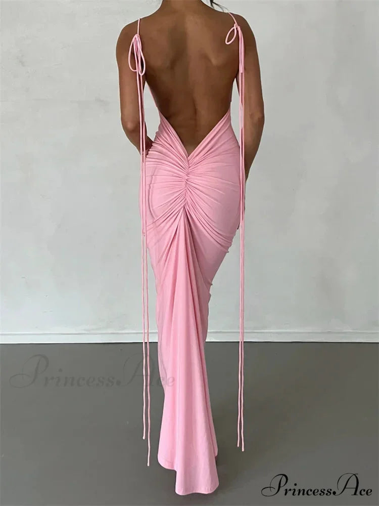 Women Sleeveless Lace-up Strap Sling Summer Backless Ruched Party V-neck Slim Fit Sexy Vestidos